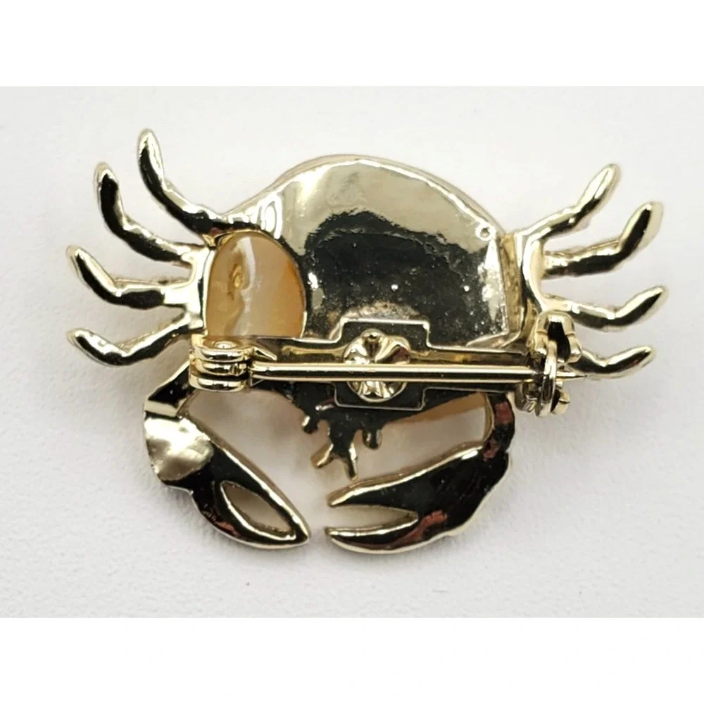 Vintage Crab w Rhinestones & Sea‎ Shell Body Pin Brooch Gold Tone
